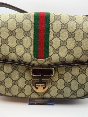 Gucci Beige Monogram Shoulder Bag with Green-Red Web Stripe and Brown Trim